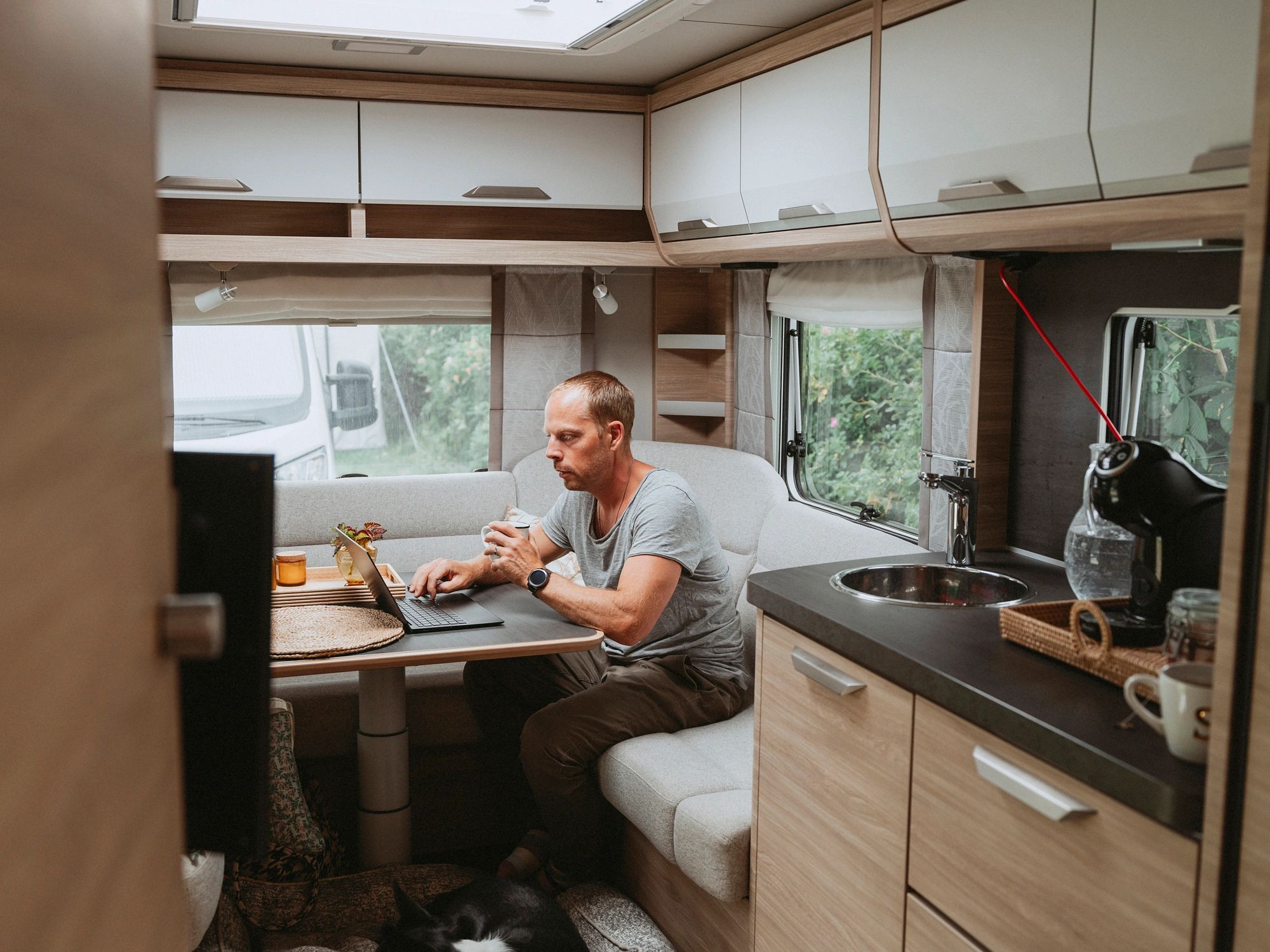 Customer working from caravan